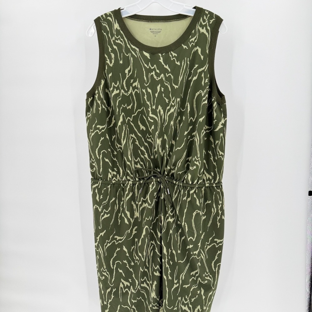 ATHLETA Rincon Printed Dress 1X Olive Green Drawstring UPF 50 Travel